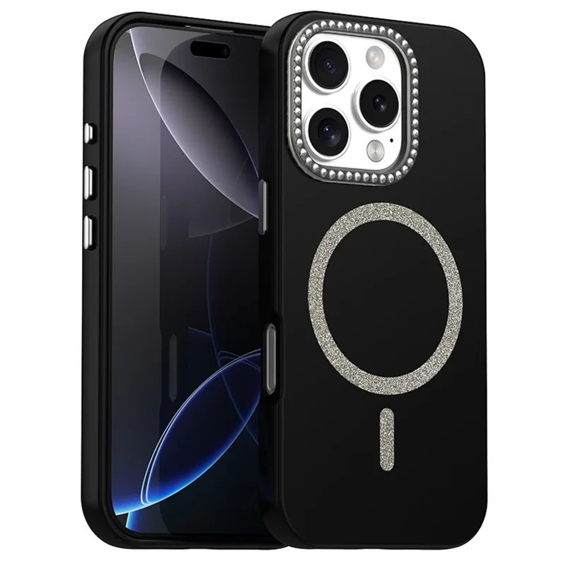 For iPhone 16 Pro Case Compatible with MagSafe TPU + PET Phone Cover with Rhinestone Decor Lens Frame - Black