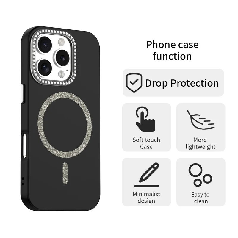 For iPhone 16 Pro Case Compatible with MagSafe TPU + PET Phone Cover with Rhinestone Decor Lens Frame - Black