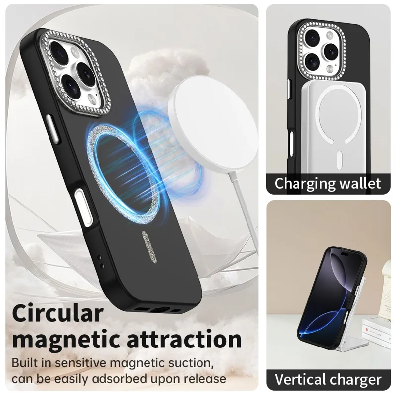 For iPhone 16 Pro Case Compatible with MagSafe TPU + PET Phone Cover with Rhinestone Decor Lens Frame - Black