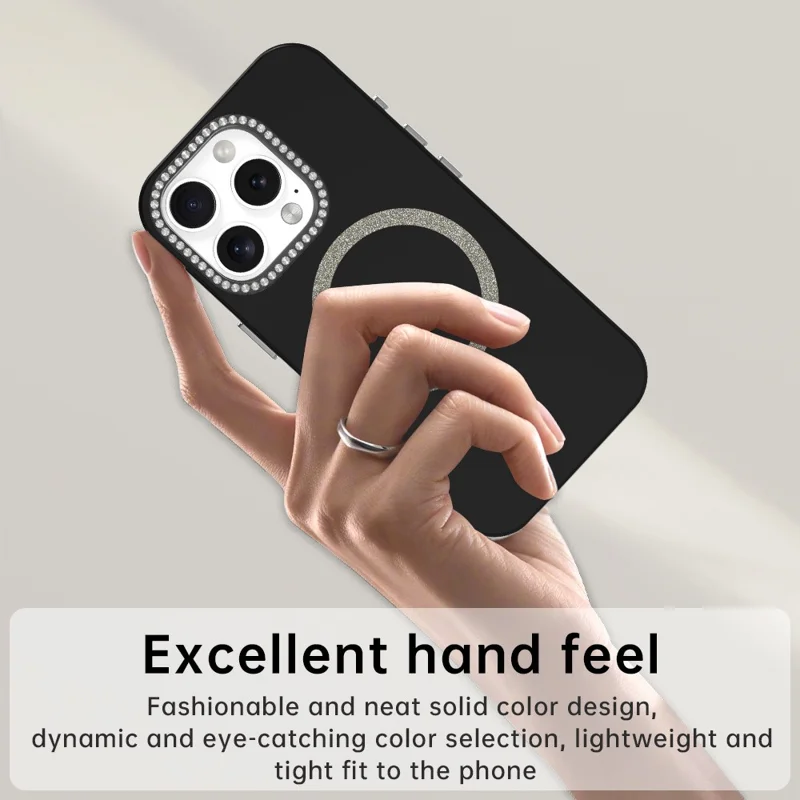 For iPhone 16 Pro Case Compatible with MagSafe TPU + PET Phone Cover with Rhinestone Decor Lens Frame - Black