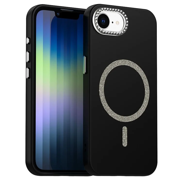 For iPhone 16e Case Compatible with MagSafe TPU + PET Phone Cover with Rhinestone Decor Lens Frame - Black