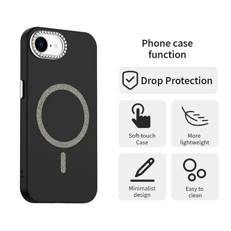 For iPhone 16e Case Compatible with MagSafe TPU + PET Phone Cover with Rhinestone Decor Lens Frame - Black