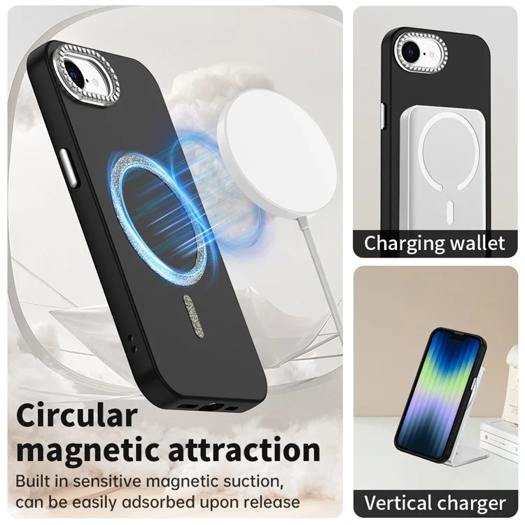 For iPhone 16e Case Compatible with MagSafe TPU + PET Phone Cover with Rhinestone Decor Lens Frame - Black