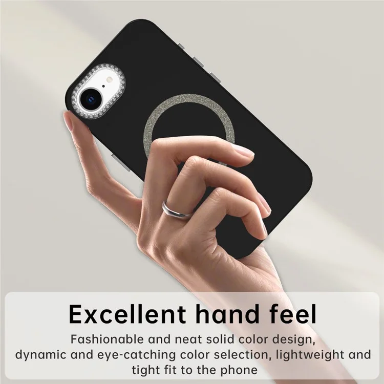 For iPhone 16e Case Compatible with MagSafe TPU + PET Phone Cover with Rhinestone Decor Lens Frame - Black