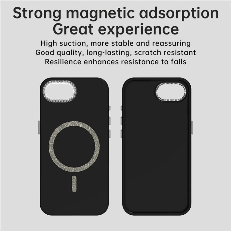 For iPhone 16e Case Compatible with MagSafe TPU + PET Phone Cover with Rhinestone Decor Lens Frame - Black
