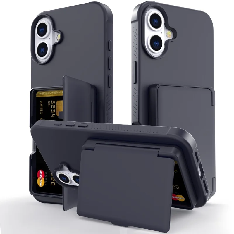 For iPhone 16 Plus Case with Card Holder / Mirror / Kickstand TPU + PC Phone Back Cover - Black