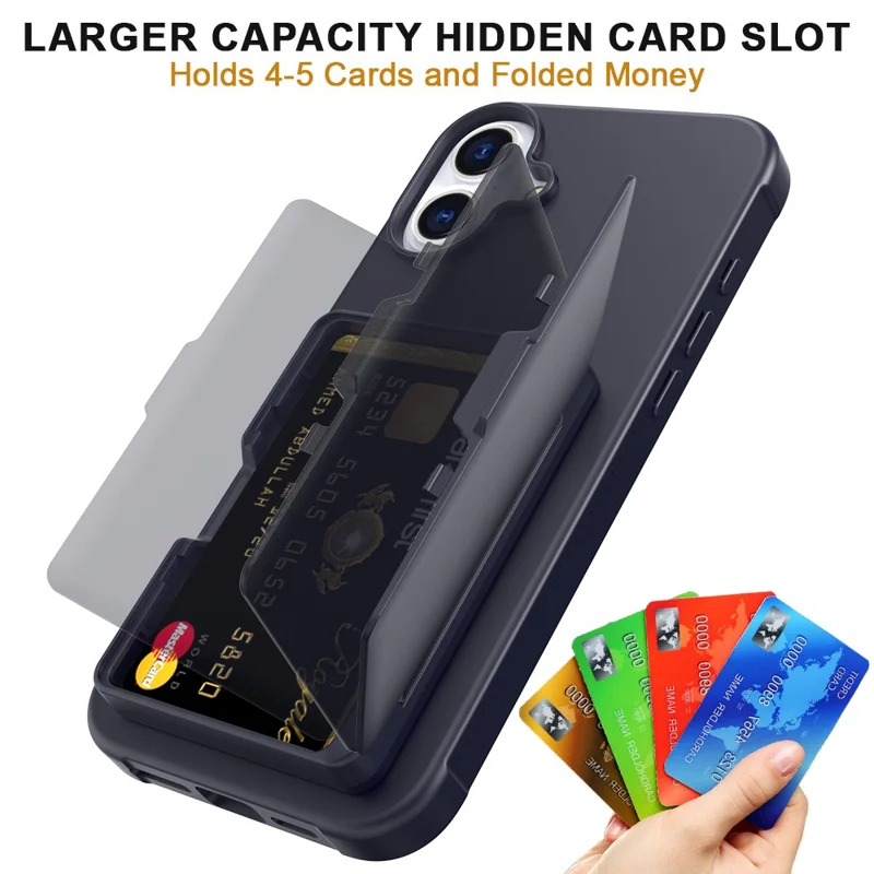 For iPhone 16 Plus Case with Card Holder / Mirror / Kickstand TPU + PC Phone Back Cover - Black