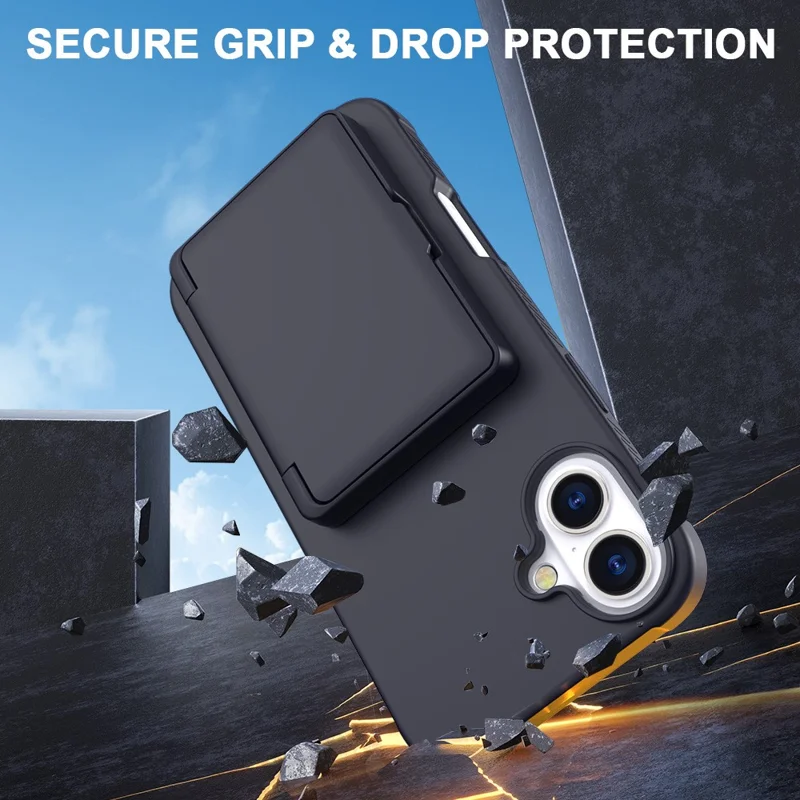 For iPhone 16 Plus Case with Card Holder / Mirror / Kickstand TPU + PC Phone Back Cover - Black