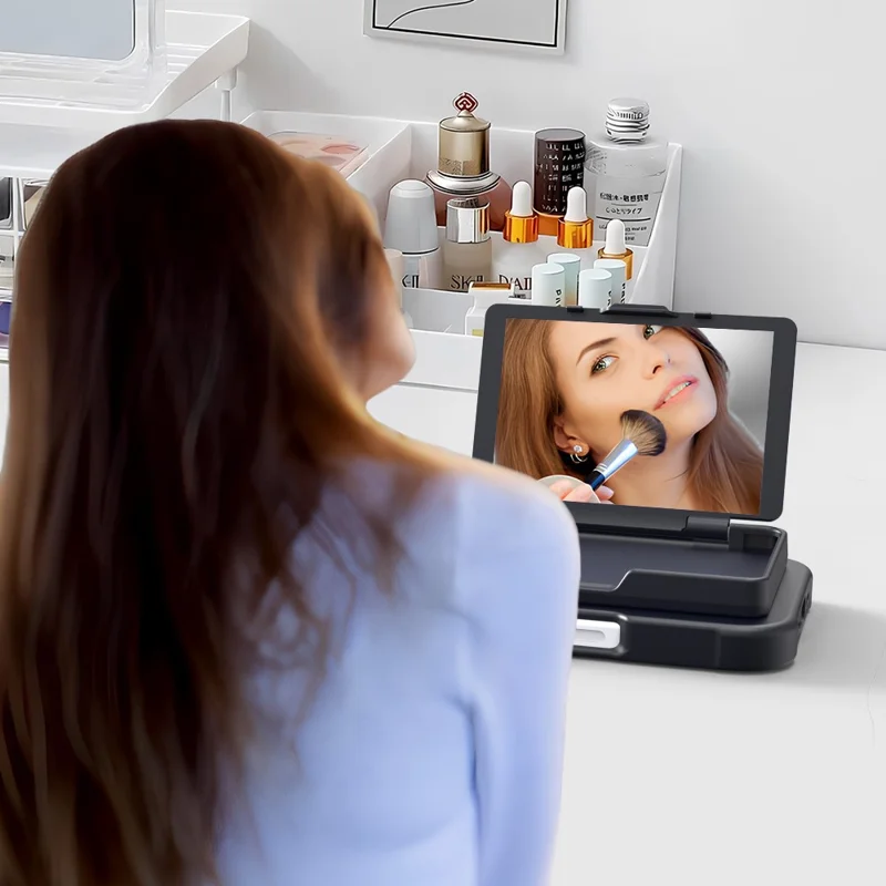 For iPhone 16 Plus Case with Card Holder / Mirror / Kickstand TPU + PC Phone Back Cover - Black