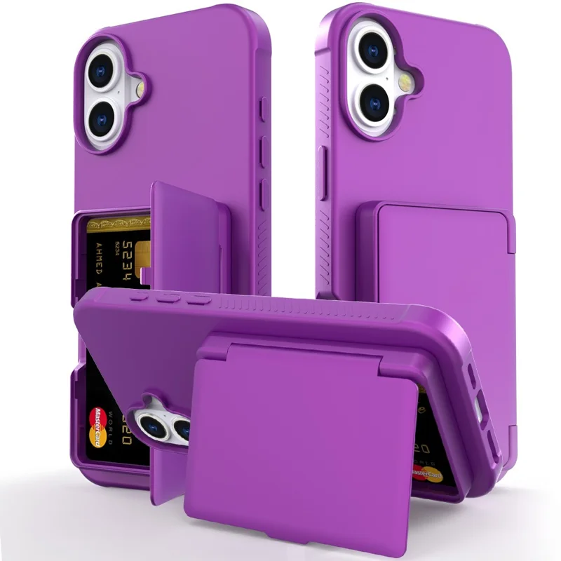 For iPhone 16 Plus Case with Card Holder / Mirror / Kickstand TPU + PC Phone Back Cover - Dark Purple