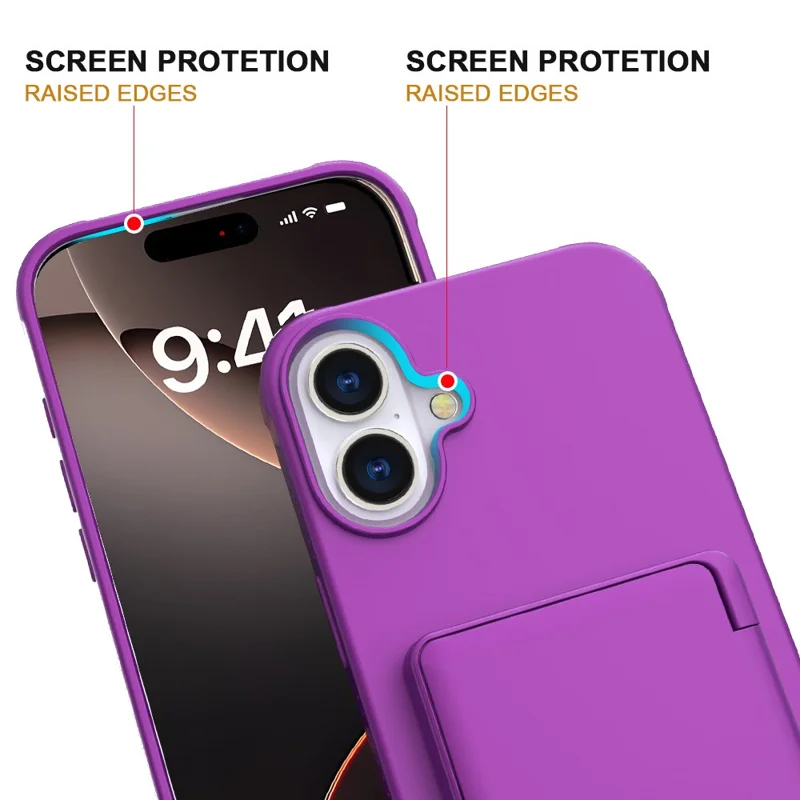 For iPhone 16 Plus Case with Card Holder / Mirror / Kickstand TPU + PC Phone Back Cover - Dark Purple