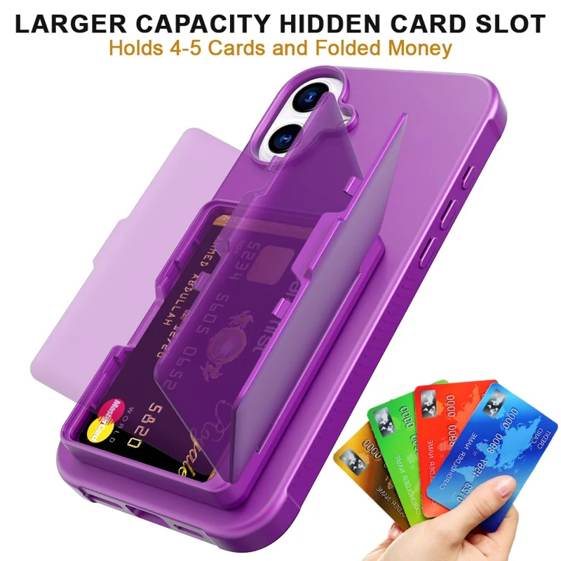 For iPhone 16 Plus Case with Card Holder / Mirror / Kickstand TPU + PC Phone Back Cover - Dark Purple
