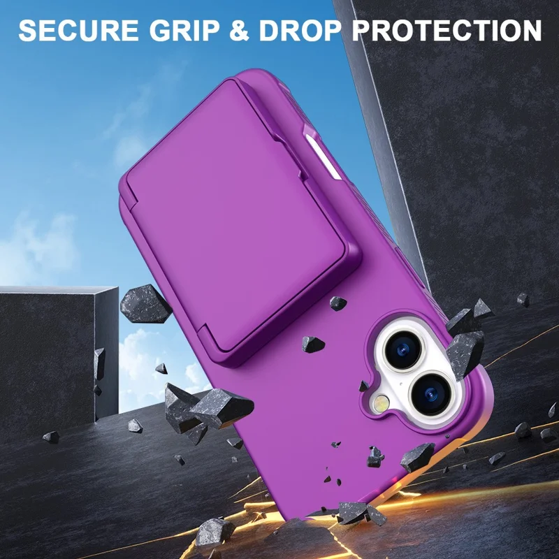 For iPhone 16 Plus Case with Card Holder / Mirror / Kickstand TPU + PC Phone Back Cover - Dark Purple