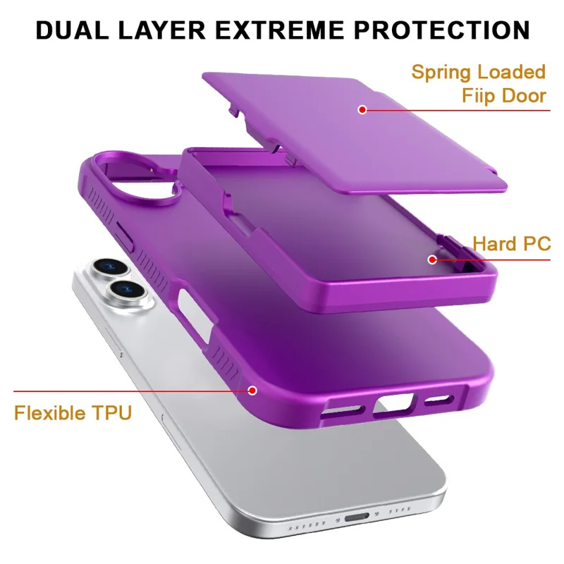 For iPhone 16 Plus Case with Card Holder / Mirror / Kickstand TPU + PC Phone Back Cover - Dark Purple