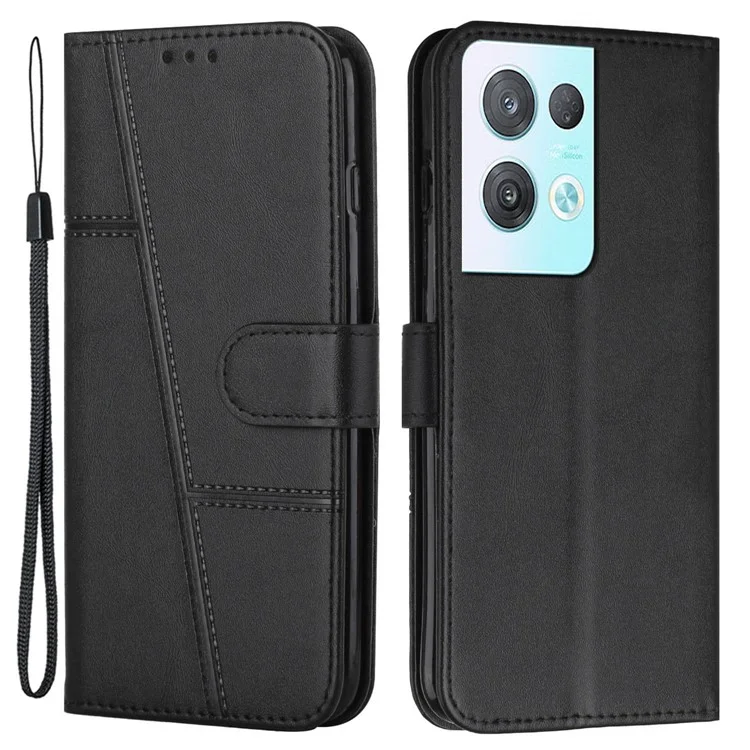 For Oppo Reno8 Pro+ (China) 5G / Reno8 Pro 5G (Global Version) Stitching PU Leather Wallet Case Magnetic Closure Shockproof Flip Stand Phone Cover with Strap - Black