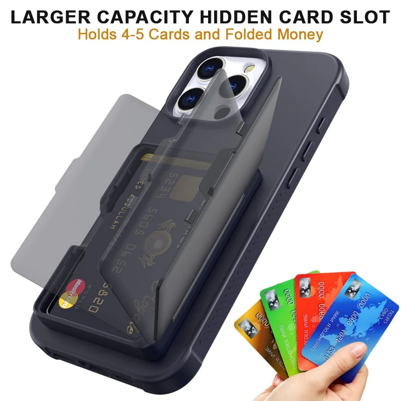 For iPhone 16 Pro Case with Card Holder / Mirror / Kickstand TPU + PC Phone Back Cover - Black