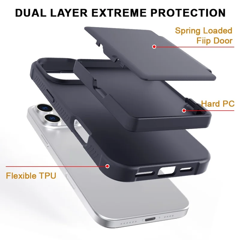 For iPhone 16 Pro Case with Card Holder / Mirror / Kickstand TPU + PC Phone Back Cover - Black