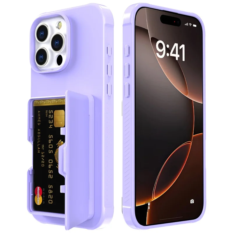 For iPhone 16 Pro Case with Card Holder / Mirror / Kickstand TPU + PC Phone Back Cover - Light Purple