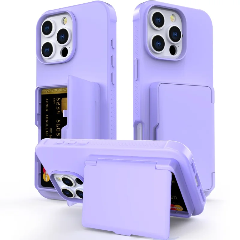 For iPhone 16 Pro Case with Card Holder / Mirror / Kickstand TPU + PC Phone Back Cover - Light Purple