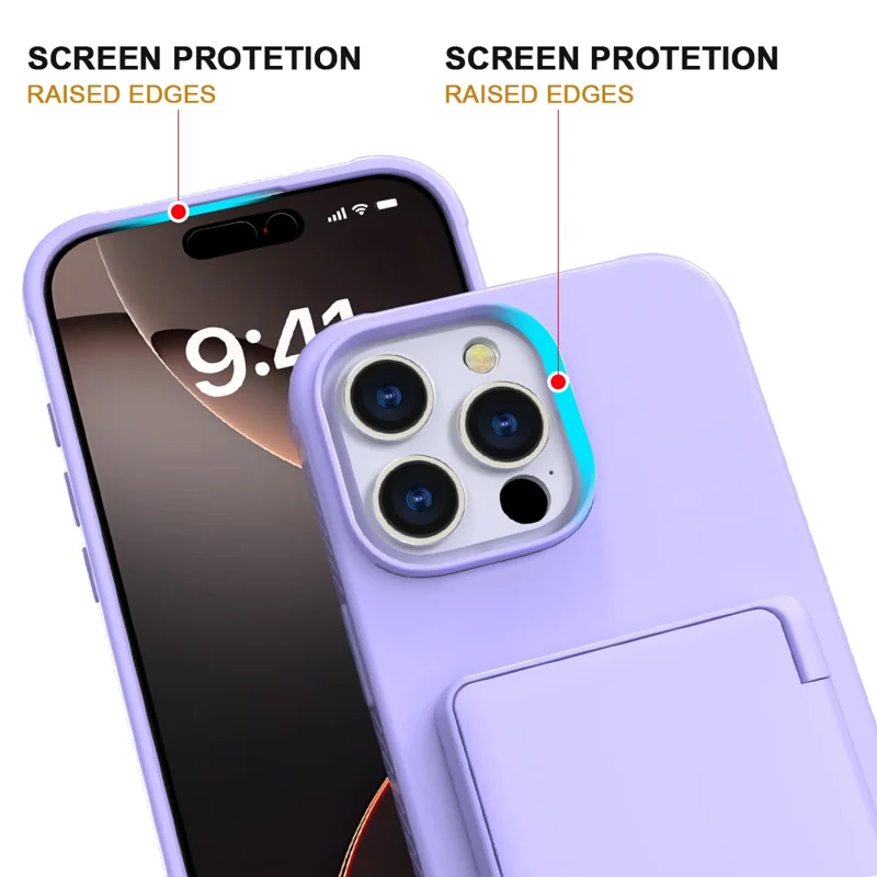 For iPhone 16 Pro Case with Card Holder / Mirror / Kickstand TPU + PC Phone Back Cover - Light Purple