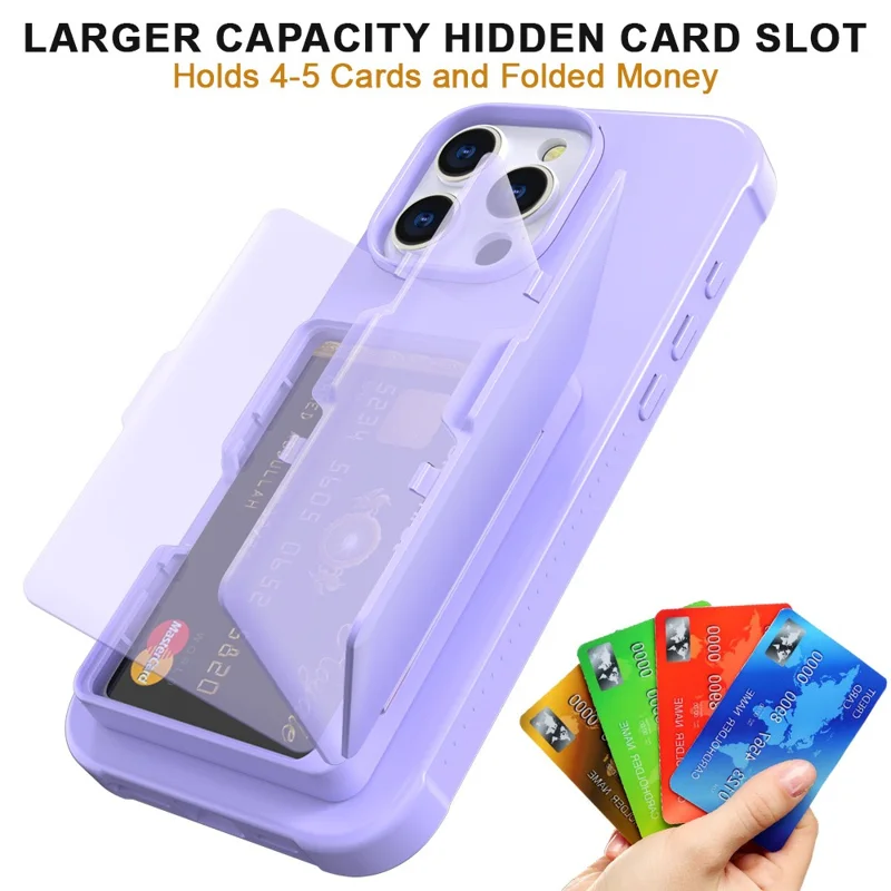 For iPhone 16 Pro Case with Card Holder / Mirror / Kickstand TPU + PC Phone Back Cover - Light Purple