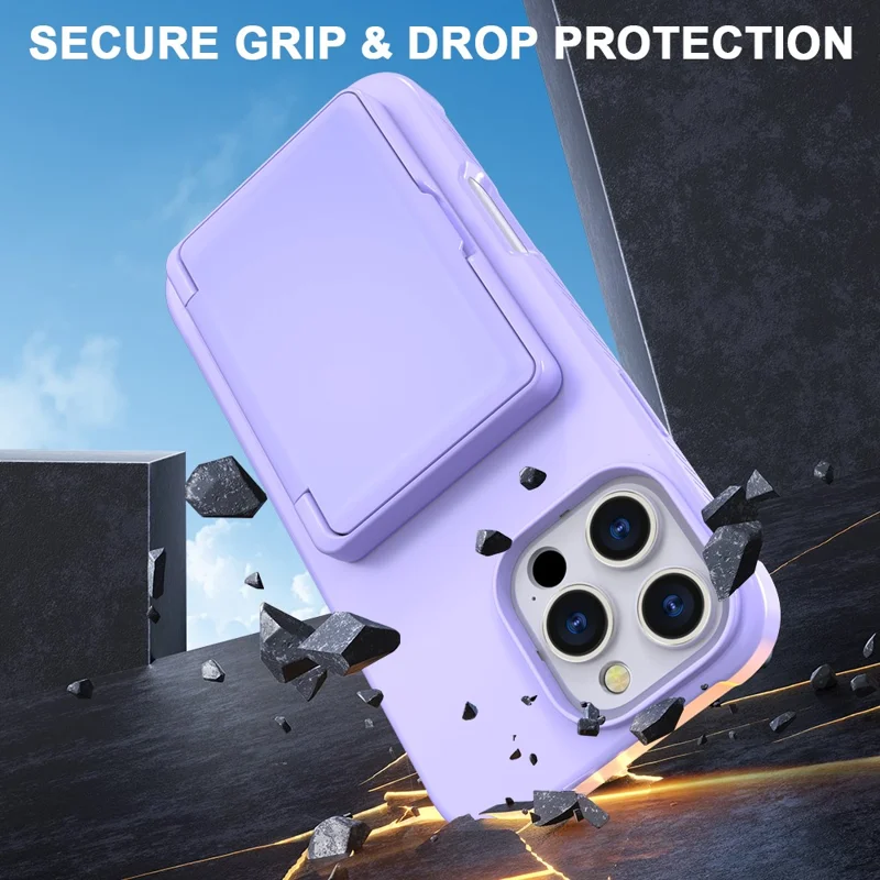 For iPhone 16 Pro Case with Card Holder / Mirror / Kickstand TPU + PC Phone Back Cover - Light Purple