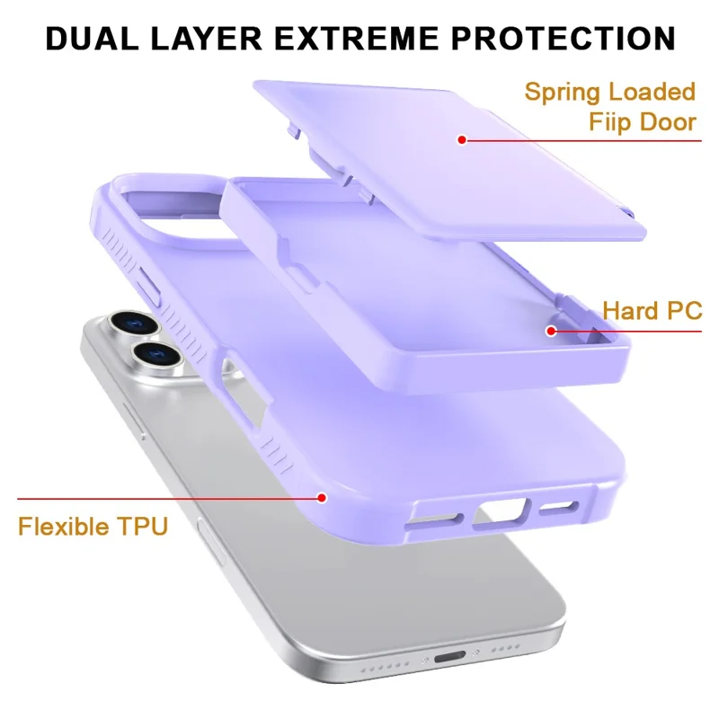 For iPhone 16 Pro Case with Card Holder / Mirror / Kickstand TPU + PC Phone Back Cover - Light Purple