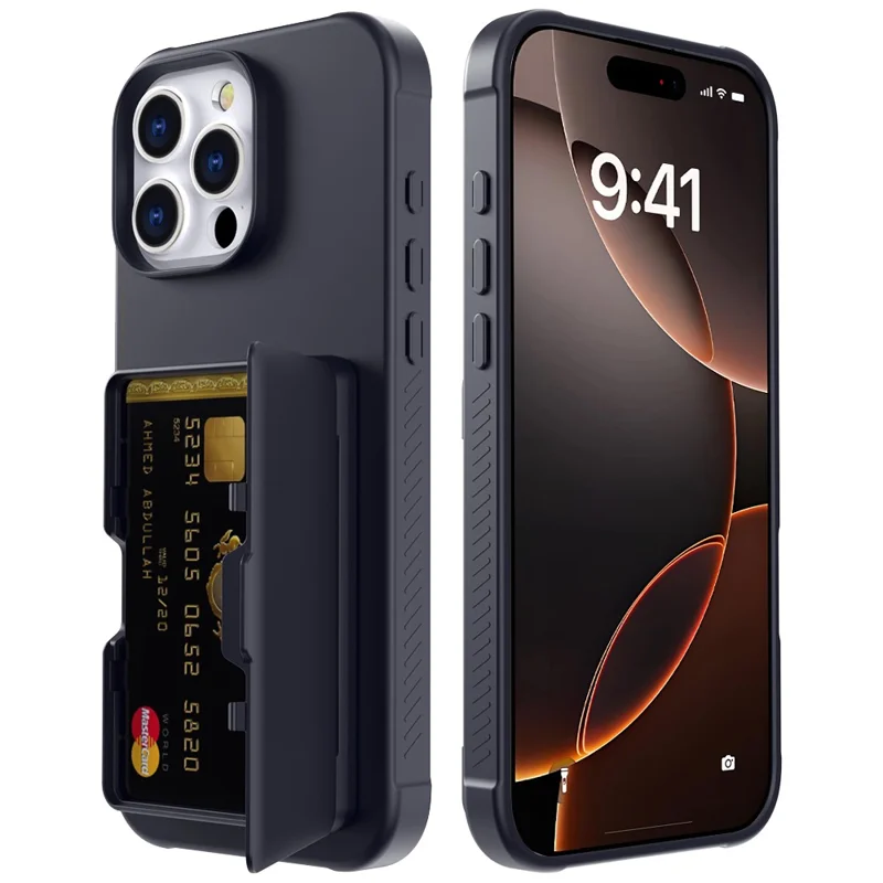 For iPhone 16 Pro Max Case with Card Holder / Mirror / Kickstand TPU + PC Phone Back Cover - Black