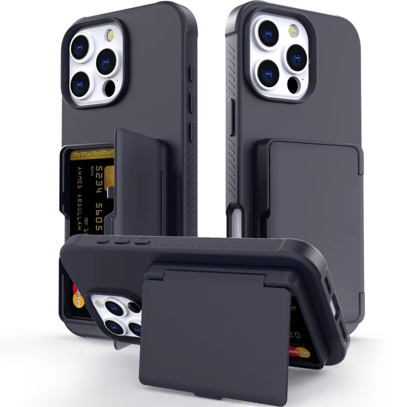 For iPhone 16 Pro Max Case with Card Holder / Mirror / Kickstand TPU + PC Phone Back Cover - Black