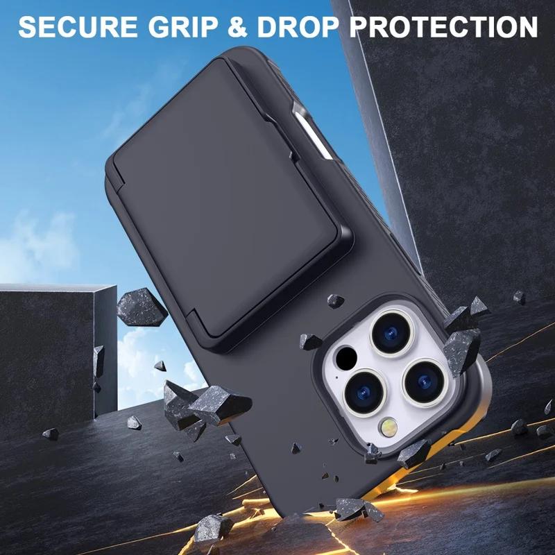 For iPhone 16 Pro Max Case with Card Holder / Mirror / Kickstand TPU + PC Phone Back Cover - Black