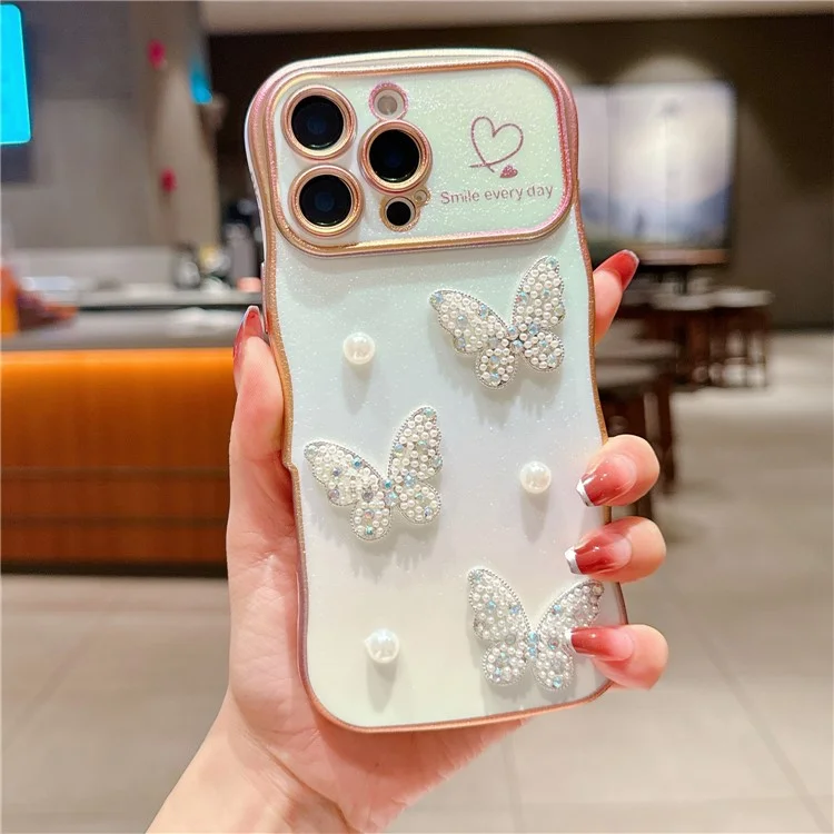 For iPhone 16 Pro Case Electroplating Wave Edge Dazzling Color TPU Phone Cover Pearl Butterfly Decor - White