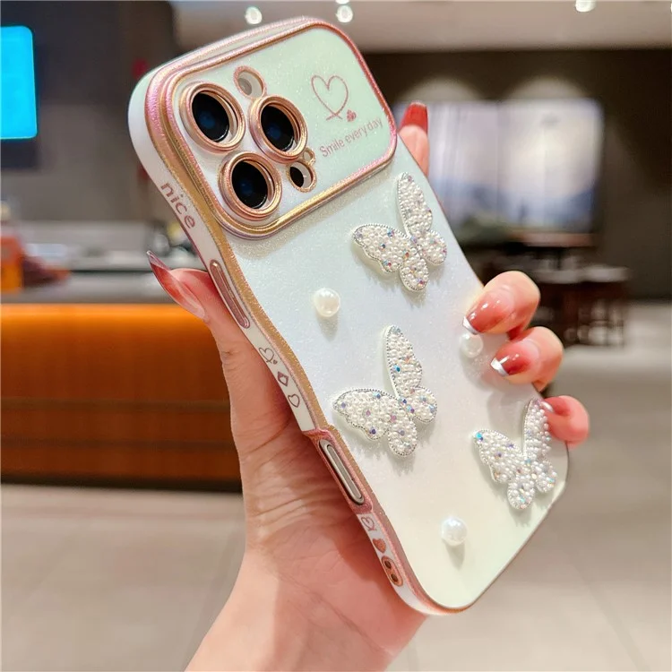 For iPhone 16 Pro Case Electroplating Wave Edge Dazzling Color TPU Phone Cover Pearl Butterfly Decor - White