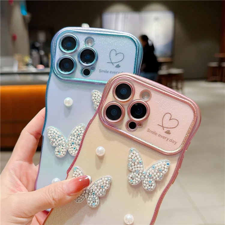 For iPhone 16 Pro Case Electroplating Wave Edge Dazzling Color TPU Phone Cover Pearl Butterfly Decor - White