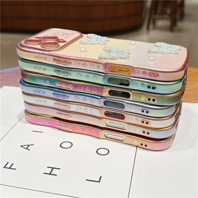 For iPhone 16 Pro Case Electroplating Wave Edge Dazzling Color TPU Phone Cover Pearl Butterfly Decor - White