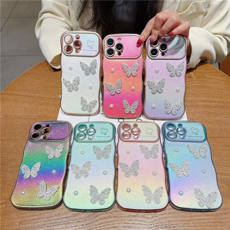 For iPhone 16 Pro Case Electroplating Wave Edge Dazzling Color TPU Phone Cover Pearl Butterfly Decor - White