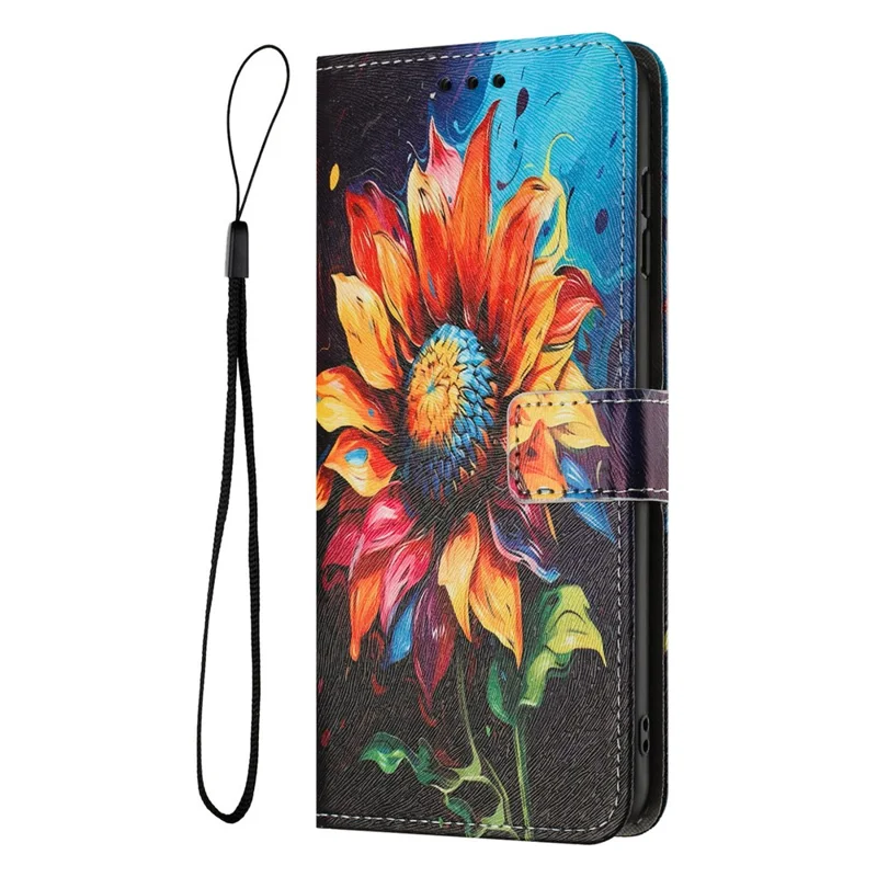 YX-2501 Wallet Case for iPhone 15 Plus / 14 Plus Pattern Printing PU Leather Phone Cover with Lanyard - Sunflower
