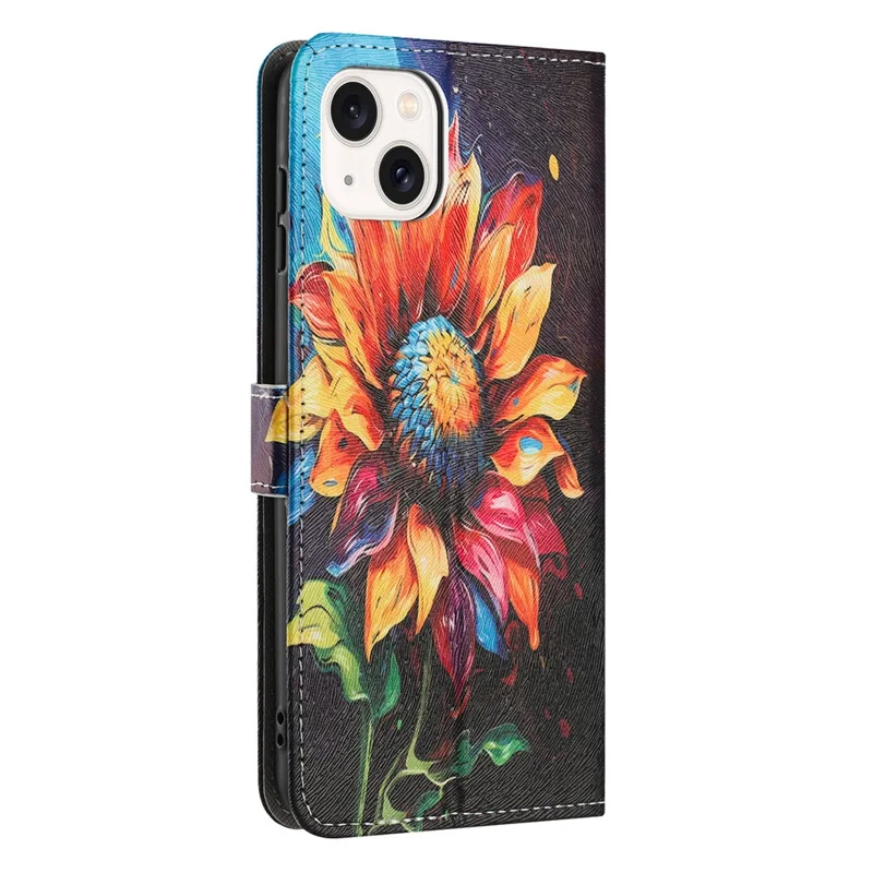 YX-2501 Wallet Case for iPhone 15 Plus / 14 Plus Pattern Printing PU Leather Phone Cover with Lanyard - Sunflower