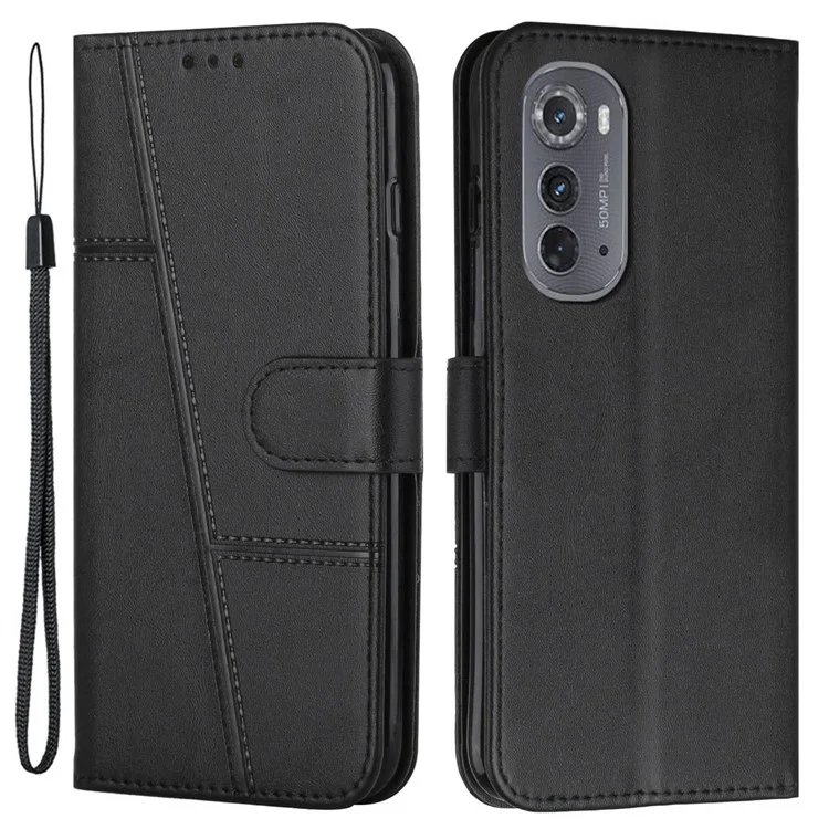 Para Motorola Edge (2022) 5G Costura de Margem Casca de Capa de Folha de Couro PU PU Caixa de Visualização Com Cinta - Preto
