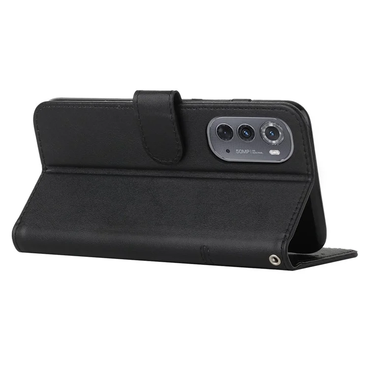 Para Motorola Edge (2022) 5G Costura de Margem Casca de Capa de Folha de Couro PU PU Caixa de Visualização Com Cinta - Preto