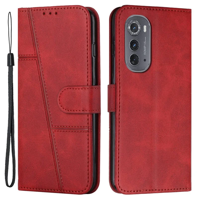 For Motorola Edge (2022) 5G Stitching Design Wallet Flip Cover PU Leather Folio Book Stand View Case with Strap - Red