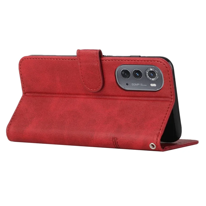 For Motorola Edge (2022) 5G Stitching Design Wallet Flip Cover PU Leather Folio Book Stand View Case with Strap - Red
