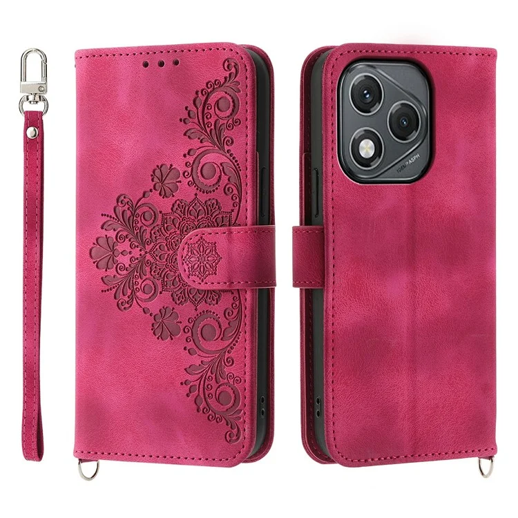 For Honor 400 Lite 5G Case Flower Pattern PU Leather Wallet Phone Cover with Strap - Wine Red