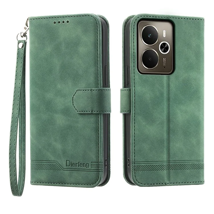 DIERFENG DF-03 Étui portefeuille en cuir avec motif de lignes pour Realme 14 5G - Vert