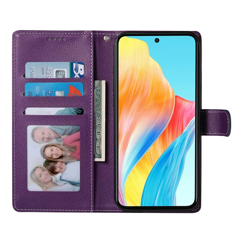 For Realme 14 5G Stand Case Litchi Texture Leather Wallet Phone Cover Magnetic Snap - Purple