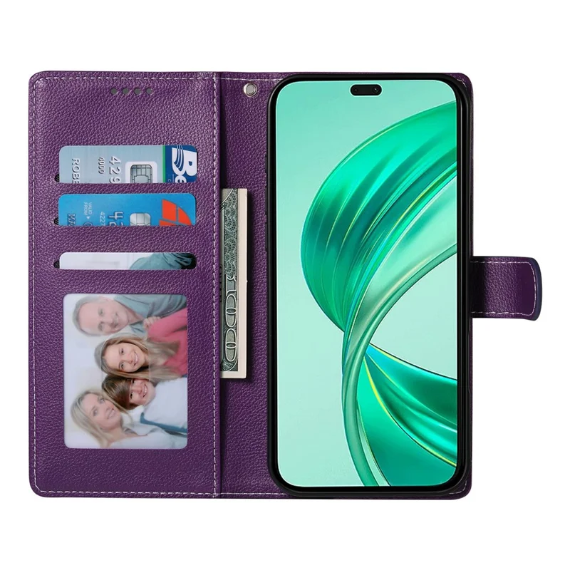 For Honor 400 Lite 5G Stand Case Litchi Texture Leather Wallet Phone Cover Magnetic Snap - Purple