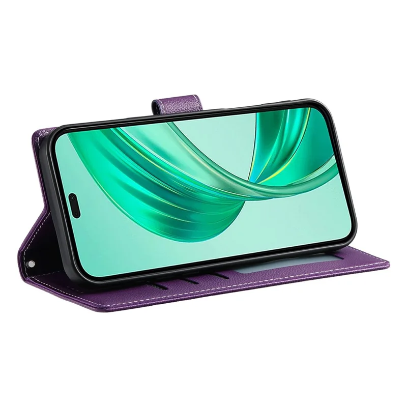 For Honor 400 Lite 5G Stand Case Litchi Texture Leather Wallet Phone Cover Magnetic Snap - Purple
