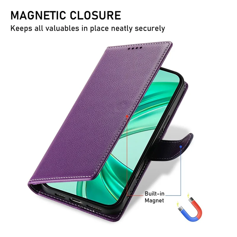 For Honor 400 Lite 5G Stand Case Litchi Texture Leather Wallet Phone Cover Magnetic Snap - Purple