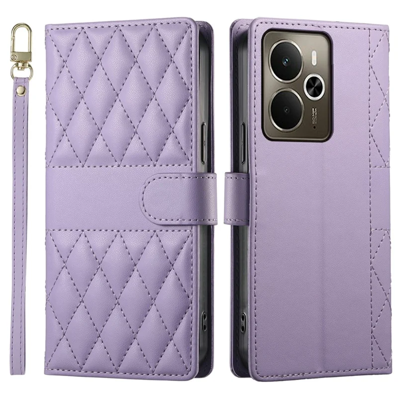 For Realme 14 5G Case Rhombus Stitching Wallet Stand Leather Phone Cover with Long  /  Short Strap - Purple
