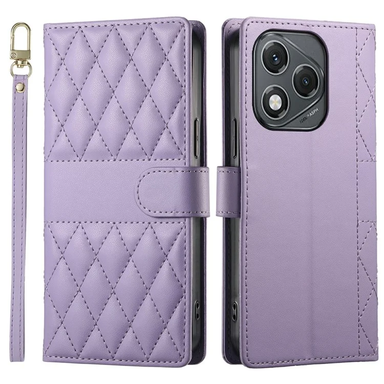 For Honor 400 Lite 5G Case Rhombus Stitching Wallet Stand Leather Phone Cover with Long  /  Short Strap - Purple