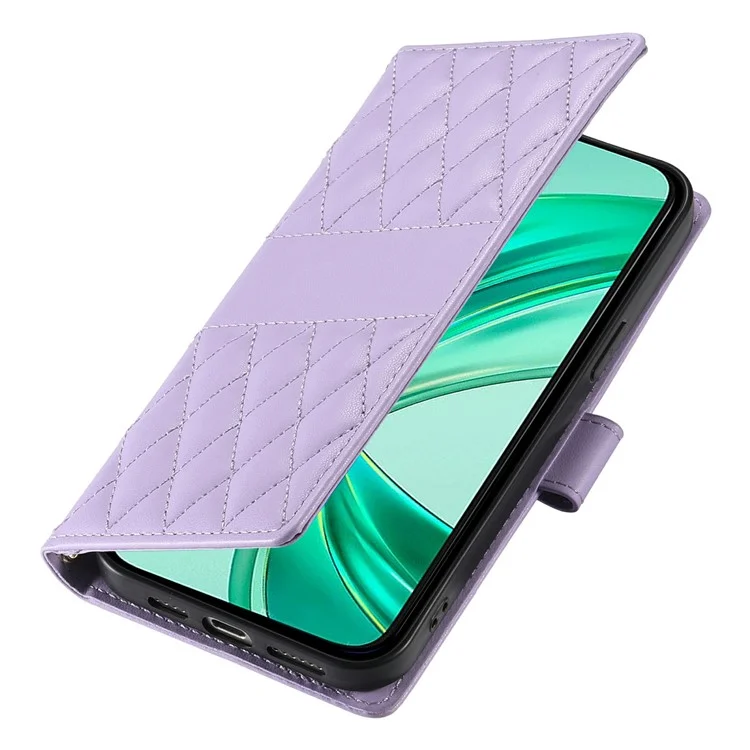 For Honor 400 Lite 5G Case Rhombus Stitching Wallet Stand Leather Phone Cover with Long  /  Short Strap - Purple